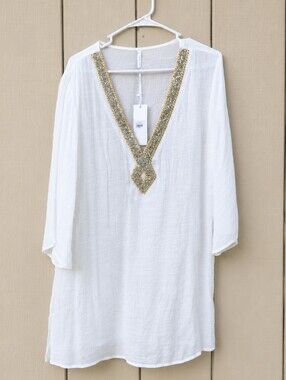 NEW Wamiani Resort Cover Up White Embellished Tunic M Boho Beach Sheer Classy